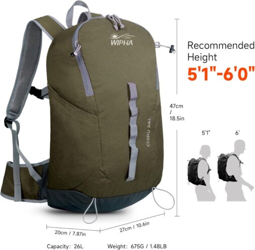 26L Lightweight Hiking Daypack with High Strength Aluminum Support, Small Travel Hiking Backpack for Women Men (Dull Green) - Image 5