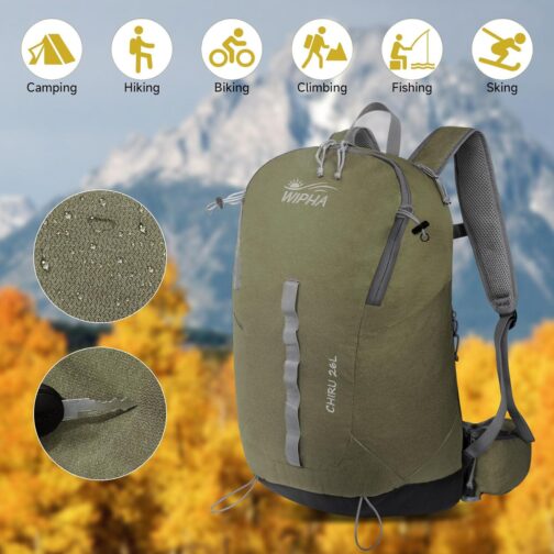 26L Lightweight Hiking Daypack with High Strength Aluminum Support, Small Travel Hiking Backpack for Women Men (Dull Green) - Image 8