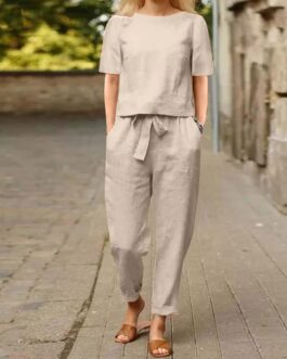 2 Piece Outfits for Women Summer Cotton Linen Casual Matching Set Short Sleeve T Shirts and Capri Pants with Pockets