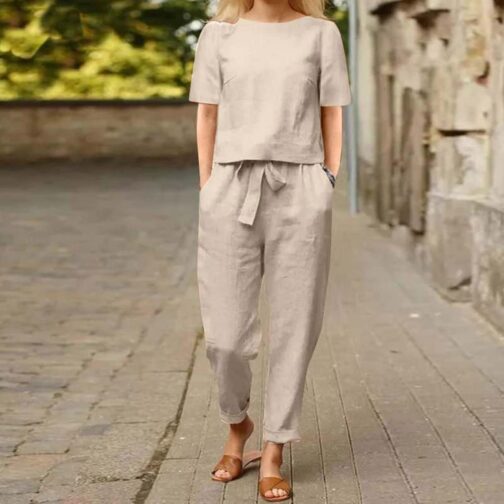 2 Piece Outfits for Women Summer Cotton Linen Casual Matching Set Short Sleeve T Shirts and Capri Pants with Pockets - Image 2