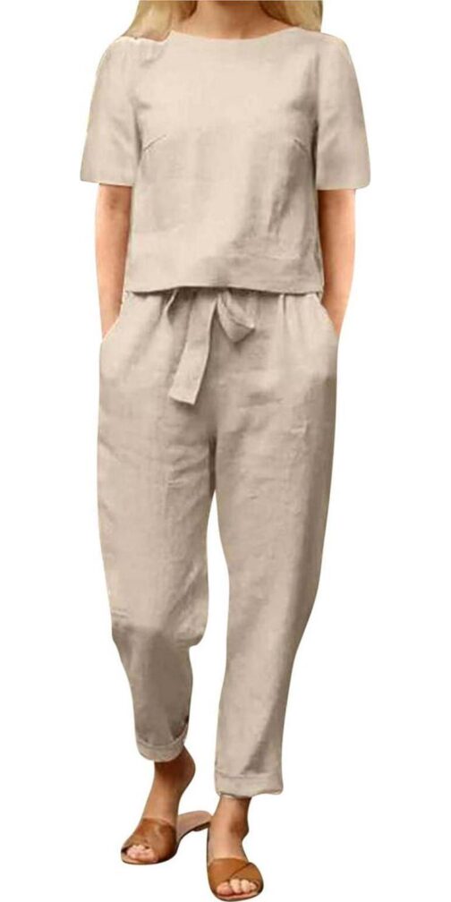 2 Piece Outfits for Women Summer Cotton Linen Casual Matching Set Short Sleeve T Shirts and Capri Pants with Pockets