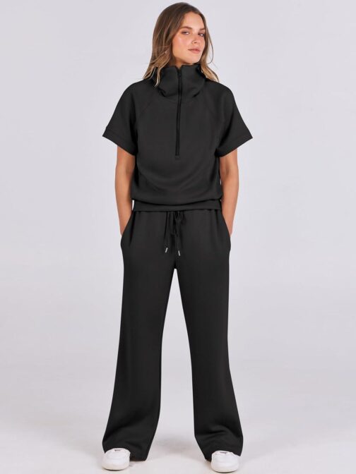 ANRABESS Women 2 Piece Outfits Sweatsuit Summer Half Zip Sweatshirt Wide Leg Pant Sweat Lounge Set Athletic Tracksuits - Image 8