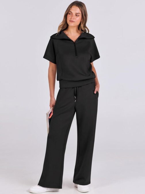 ANRABESS Women 2 Piece Outfits Sweatsuit Summer Half Zip Sweatshirt Wide Leg Pant Sweat Lounge Set Athletic Tracksuits - Image 3