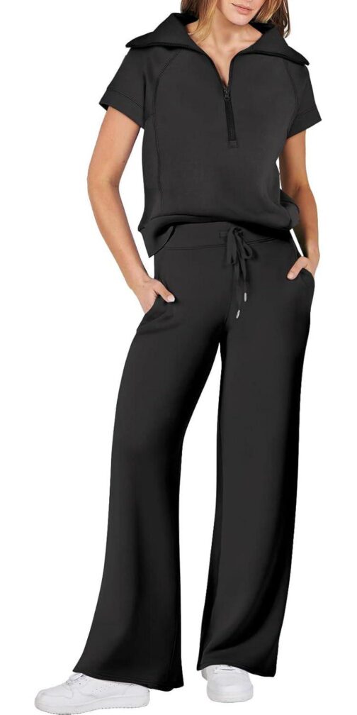 ANRABESS Women 2 Piece Outfits Sweatsuit Summer Half Zip Sweatshirt Wide Leg Pant Sweat Lounge Set Athletic Tracksuits