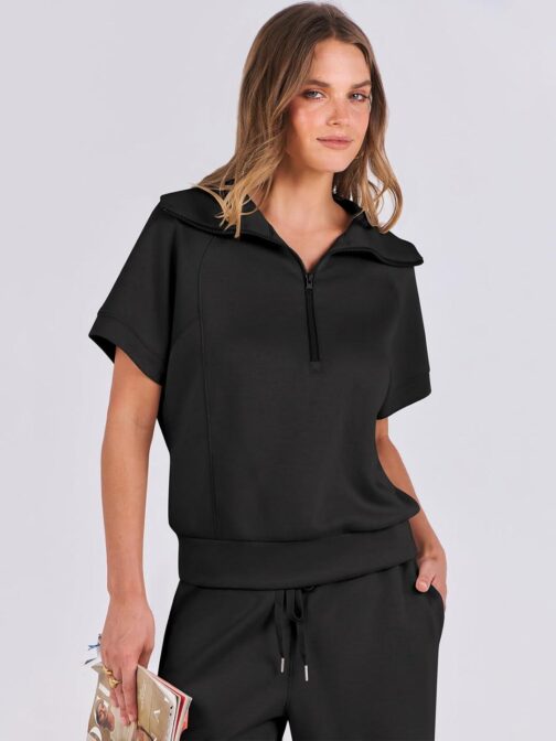 ANRABESS Women 2 Piece Outfits Sweatsuit Summer Half Zip Sweatshirt Wide Leg Pant Sweat Lounge Set Athletic Tracksuits - Image 5