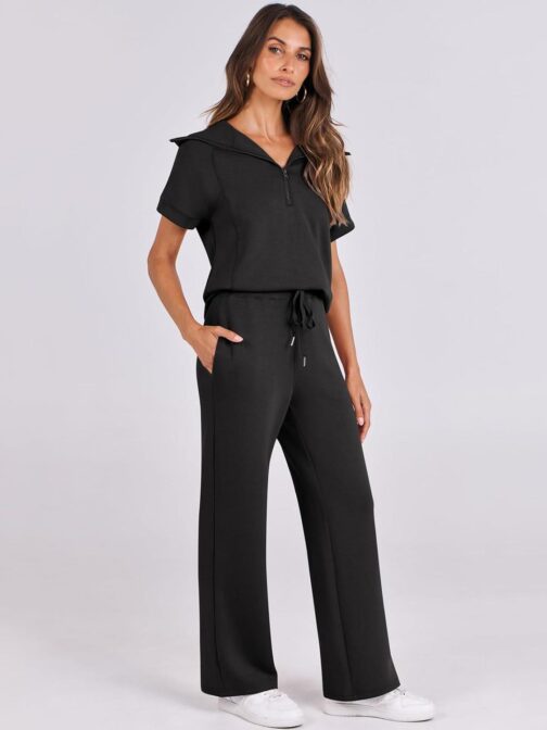 ANRABESS Women 2 Piece Outfits Sweatsuit Summer Half Zip Sweatshirt Wide Leg Pant Sweat Lounge Set Athletic Tracksuits - Image 7