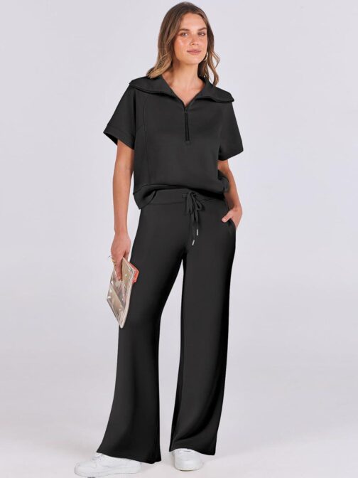 ANRABESS Women 2 Piece Outfits Sweatsuit Summer Half Zip Sweatshirt Wide Leg Pant Sweat Lounge Set Athletic Tracksuits - Image 9