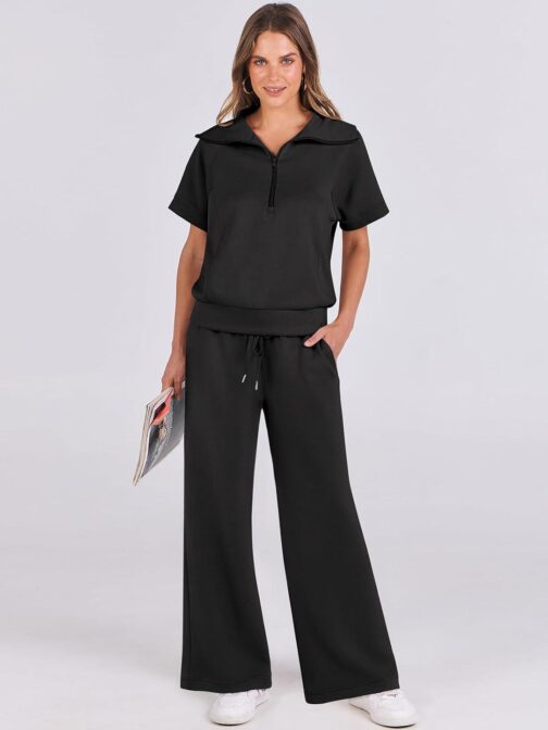 ANRABESS Women 2 Piece Outfits Sweatsuit Summer Half Zip Sweatshirt Wide Leg Pant Sweat Lounge Set Athletic Tracksuits - Image 2