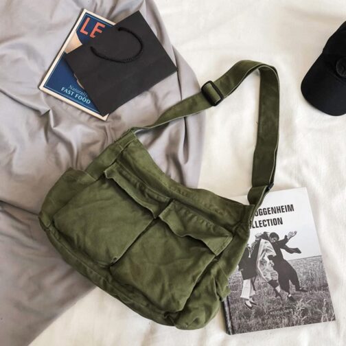Aesthetic Cute Messenger Bag for School Vintage Black Canvas Crossbody for Women Shoulder Laptop Bag - Image 2
