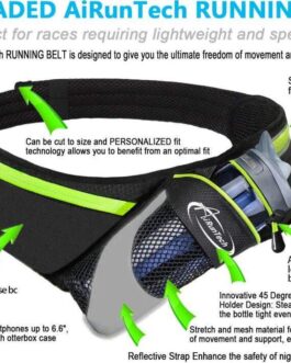 AiRunTech Upgraded No Bounce Hydration Belt Can be Cut to Size Design Strap for Any Hips for Men Women Running Belt with Water Bottle Holder with Large Pocket Fits Most Smartphones