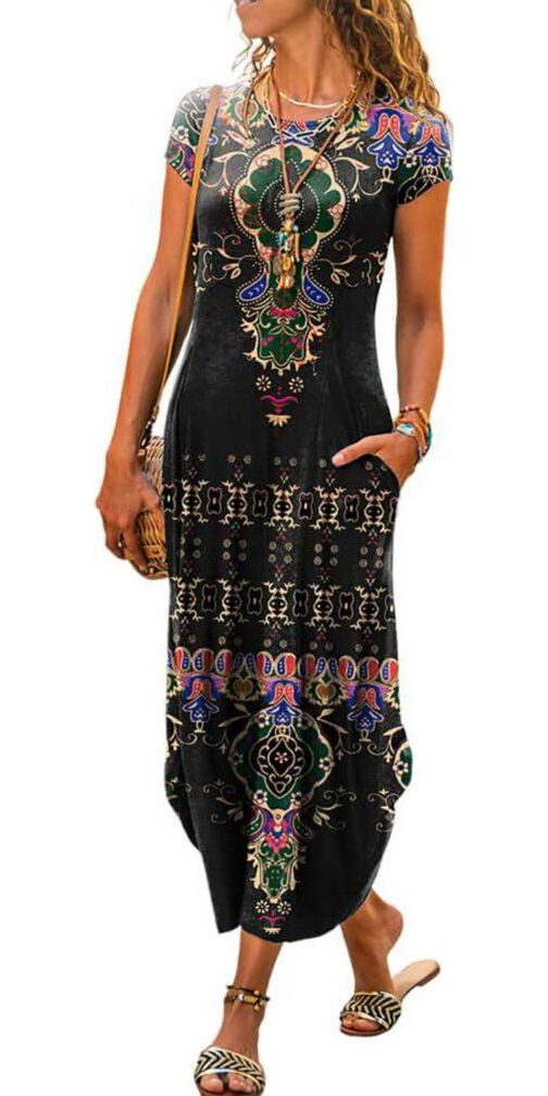 Akivide Womens Boho Summer Short Sleeve Ethnic Floral Print Maxi Dress 2024 Crew Neck Casual Loose Dress with Pockets