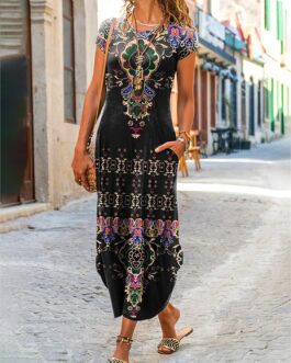 Akivide Womens Boho Summer Short Sleeve Ethnic Floral Print Maxi Dress 2024 Crew Neck Casual Loose Dress with Pockets