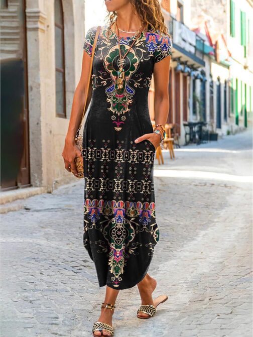 Akivide Womens Boho Summer Short Sleeve Ethnic Floral Print Maxi Dress 2024 Crew Neck Casual Loose Dress with Pockets - Image 2