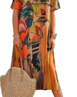 Akivide Womens Summer Boho Short Sleeve Vacation Midi Dress Loose Tunic Crew Neck Tshirt Beach Sun Dresses for Women 2024