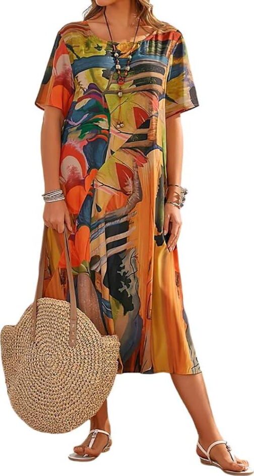 Akivide Womens Summer Boho Short Sleeve Vacation Midi Dress Loose Tunic Crew Neck Tshirt Beach Sun Dresses for Women 2024