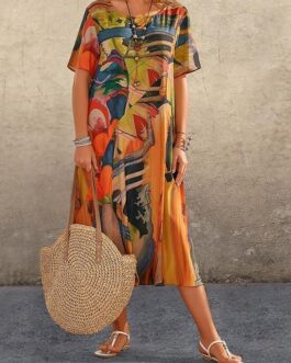 Akivide Womens Summer Boho Short Sleeve Vacation Midi Dress Loose Tunic Crew Neck Tshirt Beach Sun Dresses for Women 2024