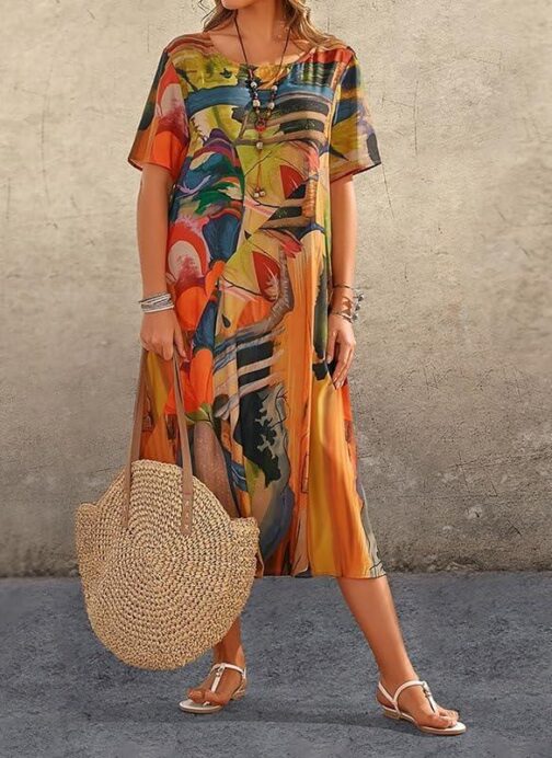 Akivide Womens Summer Boho Short Sleeve Vacation Midi Dress Loose Tunic Crew Neck Tshirt Beach Sun Dresses for Women 2024 - Image 2