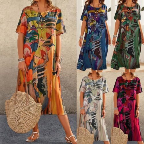 Akivide Womens Summer Boho Short Sleeve Vacation Midi Dress Loose Tunic Crew Neck Tshirt Beach Sun Dresses for Women 2024 - Image 3