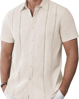 Alimens and Gentle Men’s Cuban Guayabera Shirts Cotton Linen Short Sleeve Button Down Shirts Casual Summer Beach Camp Shirt