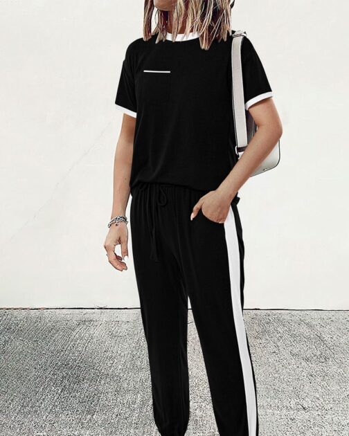 Amkoyam Women's Two Piece Outfits 2024 Summer Short Sleeve Tops With Drawstring Long Pants Tracksuit Jogger Lounge Set - Image 3