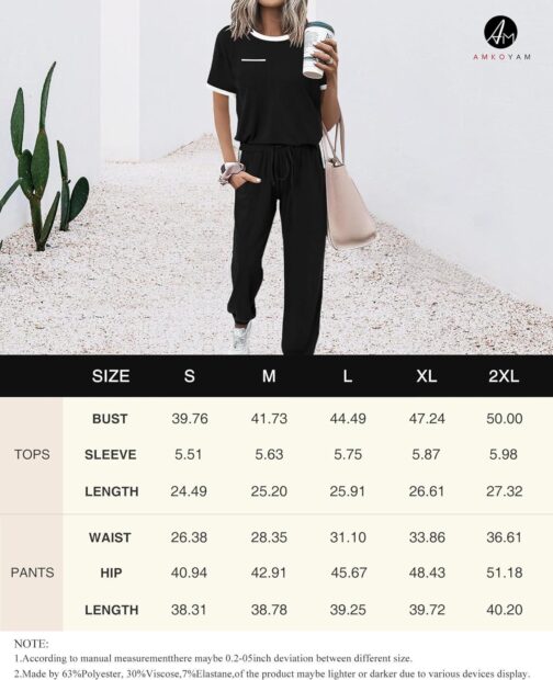 Amkoyam Women's Two Piece Outfits 2024 Summer Short Sleeve Tops With Drawstring Long Pants Tracksuit Jogger Lounge Set - Image 5