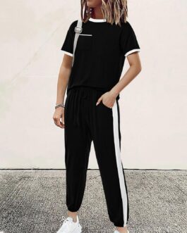 Amkoyam Women’s Two Piece Outfits 2024 Summer Short Sleeve Tops With Drawstring Long Pants Tracksuit Jogger Lounge Set