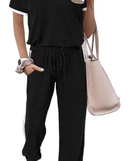 Amkoyam Women’s Two Piece Outfits 2024 Summer Short Sleeve Tops With Drawstring Long Pants Tracksuit Jogger Lounge Set