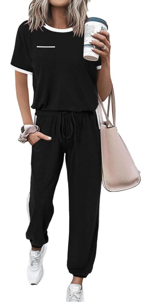 Amkoyam Women's Two Piece Outfits 2024 Summer Short Sleeve Tops With Drawstring Long Pants Tracksuit Jogger Lounge Set
