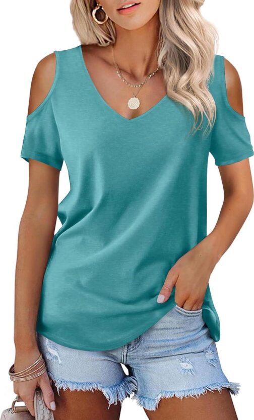 Amoretu Womens Short Sleeve Cold Shoulder Basic Tee Tops Shirts