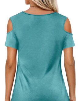 Amoretu Womens Short Sleeve Cold Shoulder Basic Tee Tops Shirts