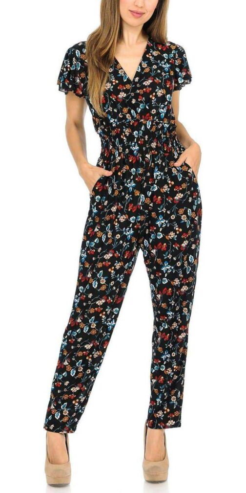 Auliné Collection Womens Short Cap Sleeve V-Neck Long Pants Romper Jumpsuit