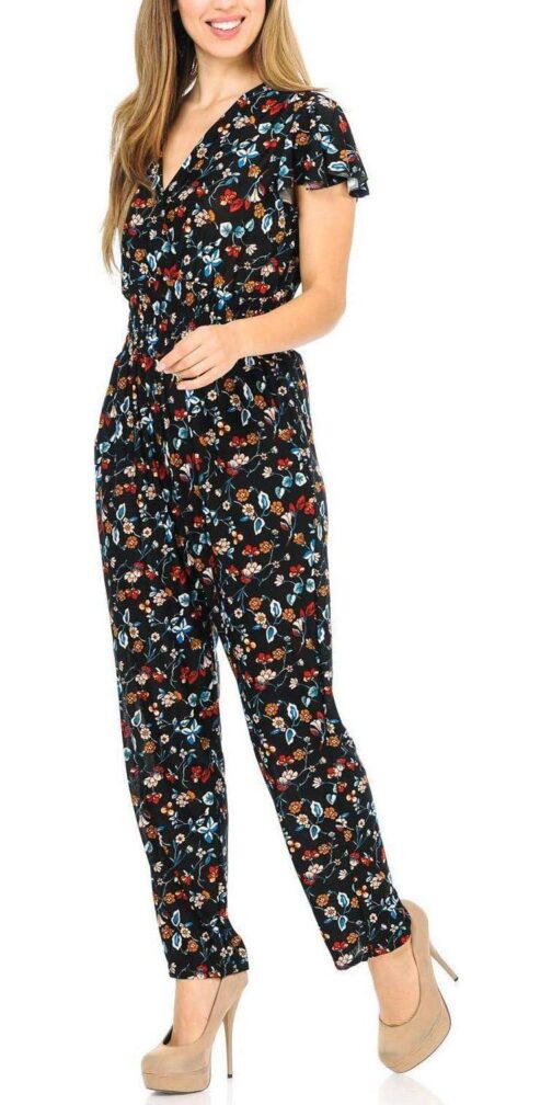 Auliné Collection Womens Short Cap Sleeve V-Neck Long Pants Romper Jumpsuit - Image 2