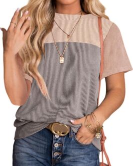 BLENCOT Women Tops Color Block Crewneck Casual Oversized Tshirts Knit Summer Tees Blouse S-2XL