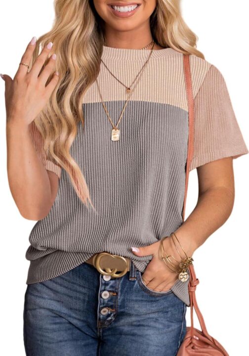 BLENCOT Women Tops Color Block Crewneck Casual Oversized Tshirts Knit Summer Tees Blouse S-2XL