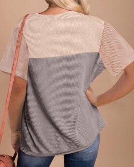 BLENCOT Women Tops Color Block Crewneck Casual Oversized Tshirts Knit Summer Tees Blouse S-2XL