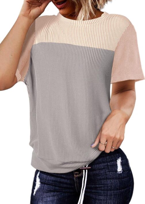 BLENCOT Women Tops Color Block Crewneck Casual Oversized Tshirts Knit Summer Tees Blouse S-2XL - Image 3