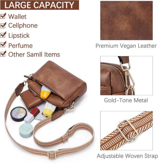 BOSTANTEN Small Crossbody Purse for Women Triple Zip Cell Phone Leather Handbag with Colored Shoulder Strap - Image 4