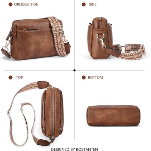BOSTANTEN Small Crossbody Purse for Women Triple Zip Cell Phone Leather Handbag with Colored Shoulder Strap - Image 6