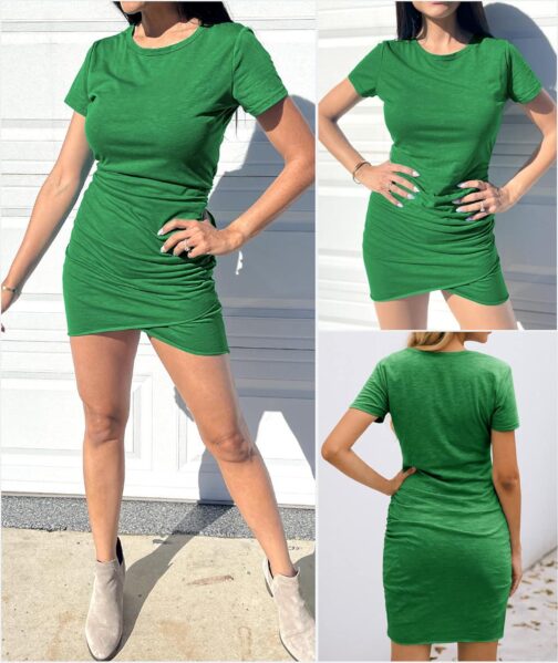 BTFBM Women's 2024 Summer Casual Beach Dresses Crew Neck Short Sleeve Wrap Party Club Mini Ruched Bodycon T Shirt Dress - Image 4