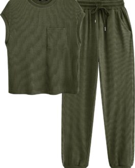 BTFBM Women’s Two Piece Tracksuit Short Sleeve Tops Long Pants With Drawstring Outfits Jogger Sets