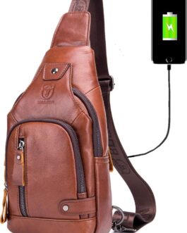 BULLCAPTAIN Genuine Leather Sling Bag with USB Charging Port Multi-pocket Chest Bag for Men Hiking Travel Daypack XB-129