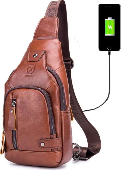 BULLCAPTAIN Genuine Leather Sling Bag with USB Charging Port Multi-pocket Chest Bag for Men Hiking Travel Daypack XB-129