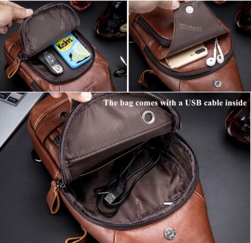 BULLCAPTAIN Genuine Leather Sling Bag with USB Charging Port Multi-pocket Chest Bag for Men Hiking Travel Daypack XB-129 - Image 6