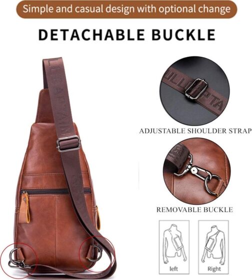 BULLCAPTAIN Genuine Leather Sling Bag with USB Charging Port Multi-pocket Chest Bag for Men Hiking Travel Daypack XB-129 - Image 3