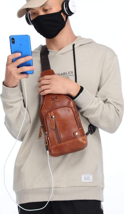 BULLCAPTAIN Genuine Leather Sling Bag with USB Charging Port Multi-pocket Chest Bag for Men Hiking Travel Daypack XB-129 - Image 5