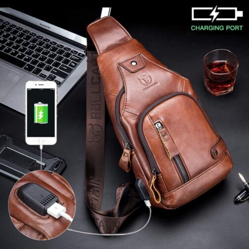BULLCAPTAIN Genuine Leather Sling Bag with USB Charging Port Multi-pocket Chest Bag for Men Hiking Travel Daypack XB-129 - Image 2