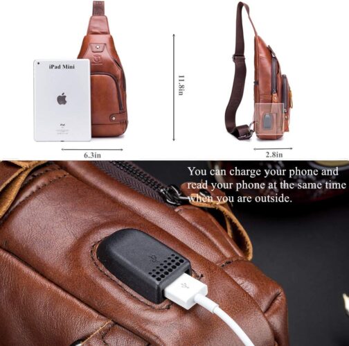 BULLCAPTAIN Genuine Leather Sling Bag with USB Charging Port Multi-pocket Chest Bag for Men Hiking Travel Daypack XB-129 - Image 4