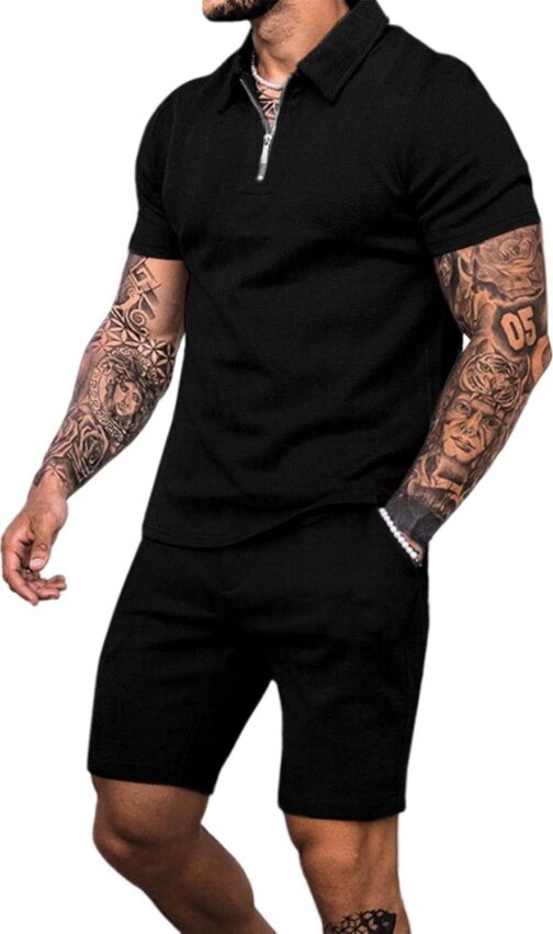 Babioboa Men's Short Sleeve Polo Shirt and Shorts set Summer Two Piece Outfits 3 Pockets zip Tracksuit Casual Athletic Sports
