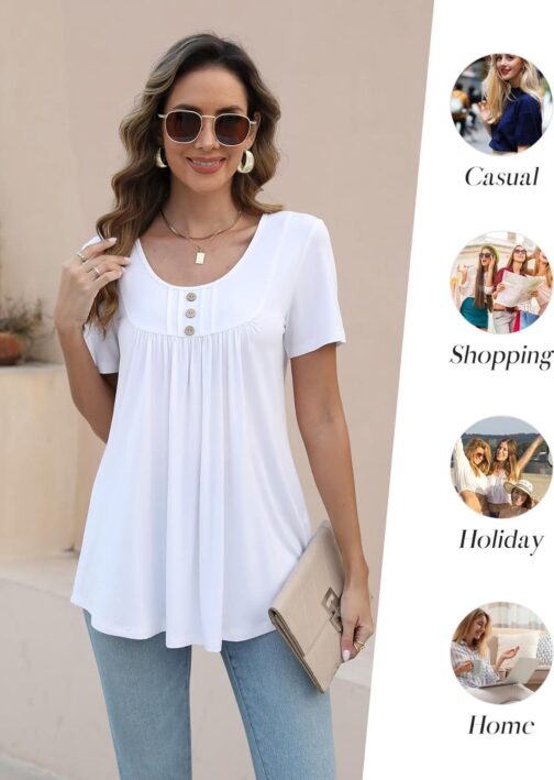 BeadChica Women's Tunic Tops For Leggings Short Sleeve Shirts Botton Up Casual Ruched Blouses Clothes - Image 5