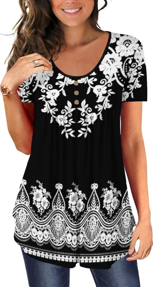BeadChica Women's Tunic Tops For Leggings Short Sleeve Shirts Botton Up Casual Ruched Blouses Clothes